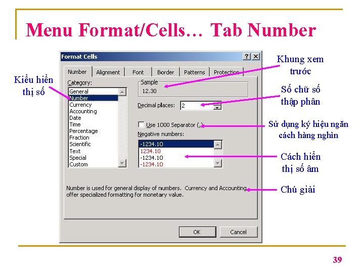 Menu Format/Cells… Tab Number Kiểu hiển thị số Khung xem trước Số chữ số