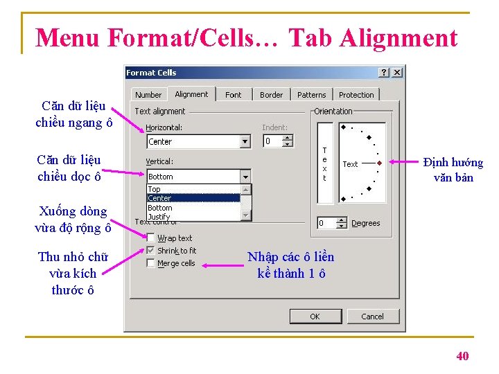 Menu Format/Cells… Tab Alignment Căn dữ liệu chiều ngang ô Căn dữ liệu chiều