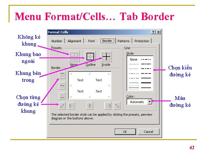 Menu Format/Cells… Tab Border Không kẻ khung Khung bao ngoài Khung bên trong Chọn