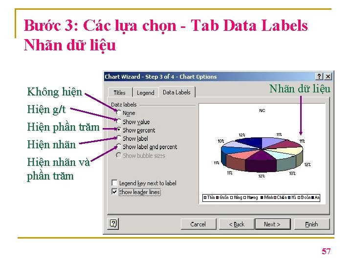 Bước 3: Các lựa chọn - Tab Data Labels Nhãn dữ liệu Không hiện