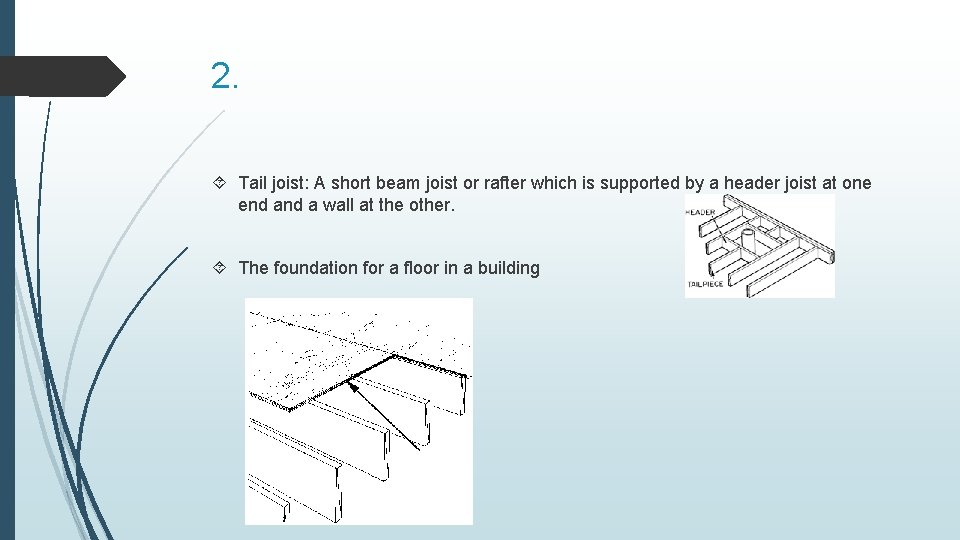 2. Tail joist: A short beam joist or rafter which is supported by a