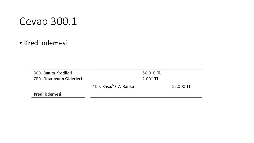 Cevap 300. 1 • Kredi ödemesi 300. Banka Kredileri 780. Finansman Giderleri 50. 000