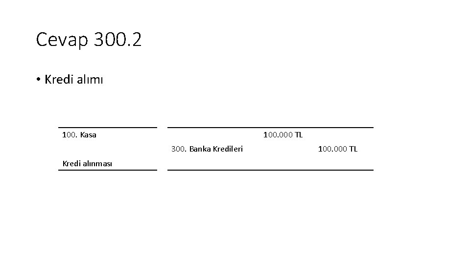 Cevap 300. 2 • Kredi alımı 100. Kasa 100. 000 TL 300. Banka Kredileri