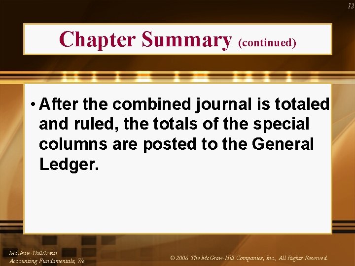 12 Chapter Summary (continued) • After the combined journal is totaled and ruled, the