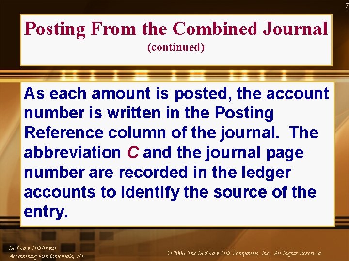 7 Posting From the Combined Journal (continued) As each amount is posted, the account