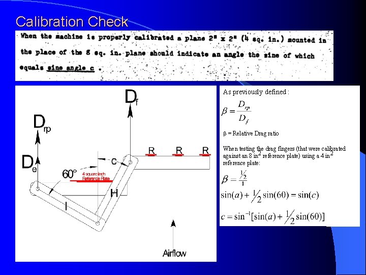 Calibration Check As previously defined : = Relative Drag ratio When testing the drag