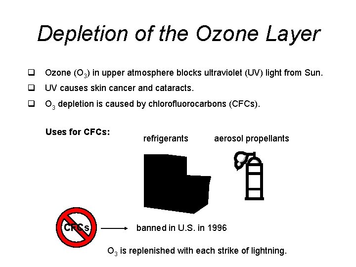 Depletion of the Ozone Layer q Ozone (O 3) in upper atmosphere blocks ultraviolet