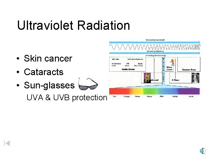 Ultraviolet Radiation • Skin cancer • Cataracts • Sun-glasses UVA & UVB protection 