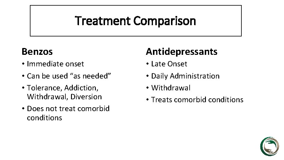 Treatment Comparison Benzos Antidepressants • Immediate onset • Can be used “as needed” •