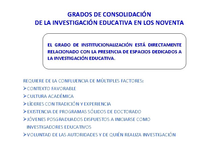 GRADOS DE CONSOLIDACIÓN DE LA INVESTIGACIÓN EDUCATIVA EN LOS NOVENTA EL GRADO DE INSTITUCIONALIZACIÓN