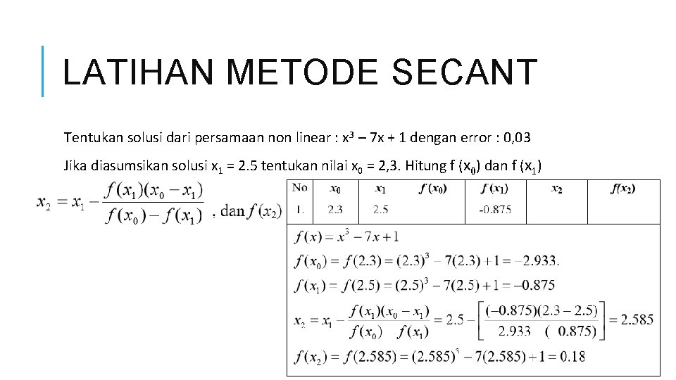 LATIHAN METODE SECANT Tentukan solusi dari persamaan non linear : x 3 – 7