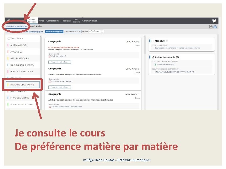 Je consulte le cours De préférence matière par matière Collège Henri Boudon - Référents