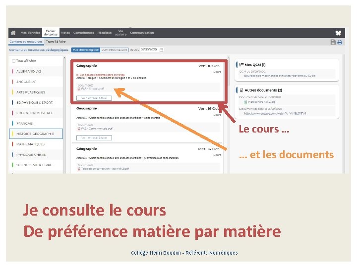 Le cours … … et les documents Je consulte le cours De préférence matière