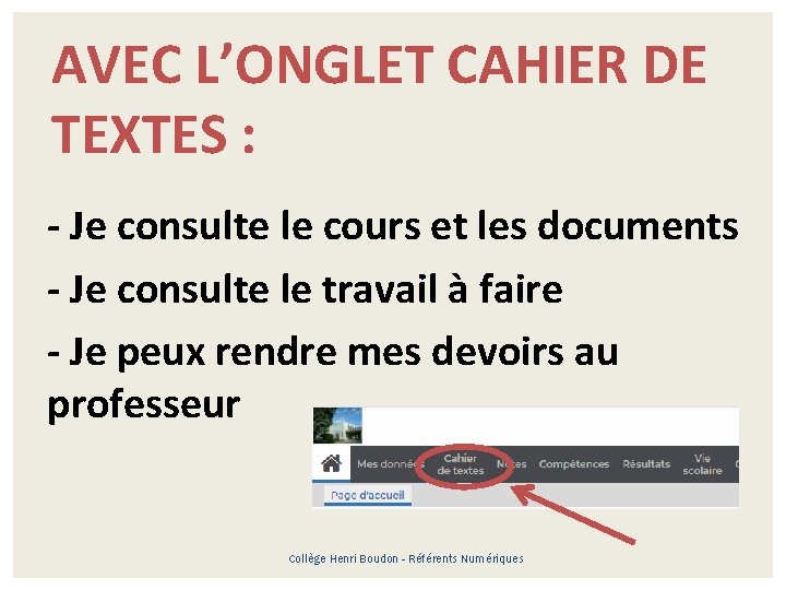 AVEC L’ONGLET CAHIER DE TEXTES : - Je consulte le cours et les documents