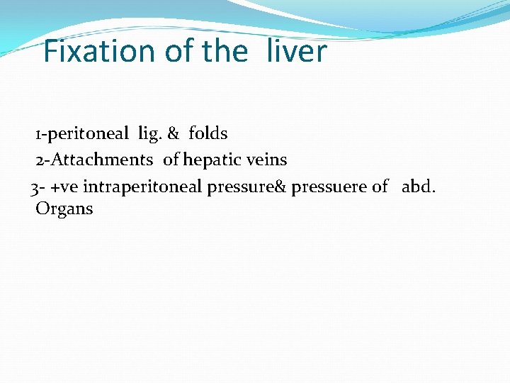Fixation of the liver 1 -peritoneal lig. & folds 2 -Attachments of hepatic veins