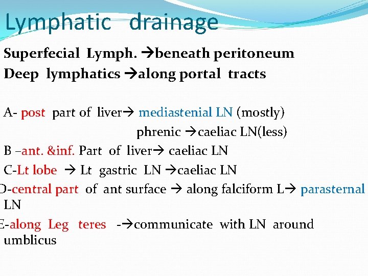 Lymphatic drainage Superfecial Lymph. beneath peritoneum Deep lymphatics along portal tracts A- post part