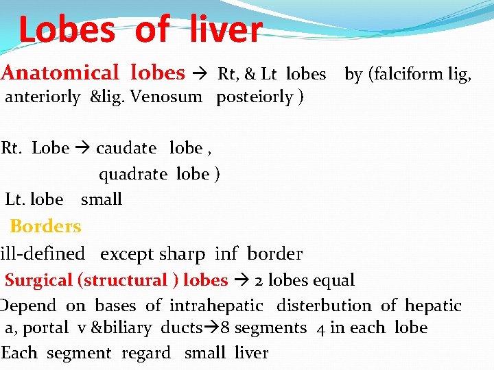 Lobes of liver Anatomical lobes Rt, & Lt lobes by (falciform lig, anteriorly &lig.
