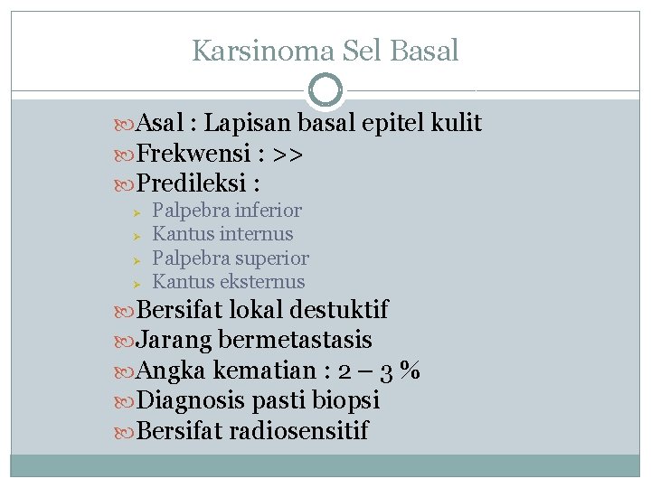 Karsinoma Sel Basal Asal : Lapisan basal epitel kulit Frekwensi : >> Predileksi :