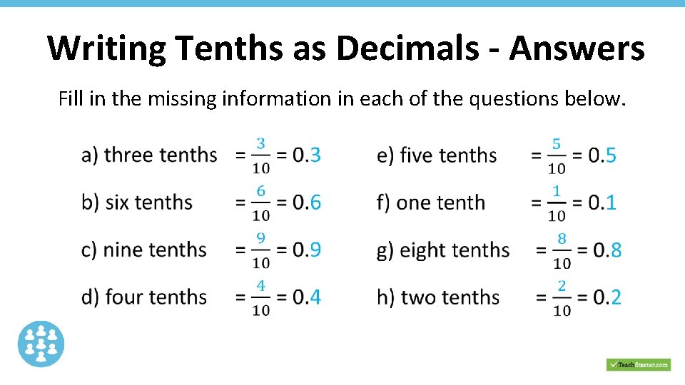 Writing Tenths as Decimals - Answers Fill in the missing information in each of