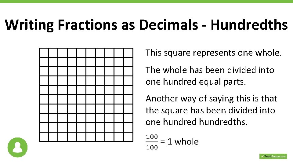 Writing Fractions as Decimals - Hundredths This square represents one whole. The whole has
