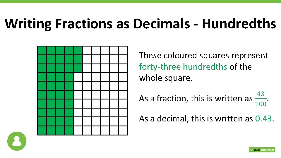 Writing Fractions as Decimals - Hundredths These coloured squares represent forty-three hundredths of the
