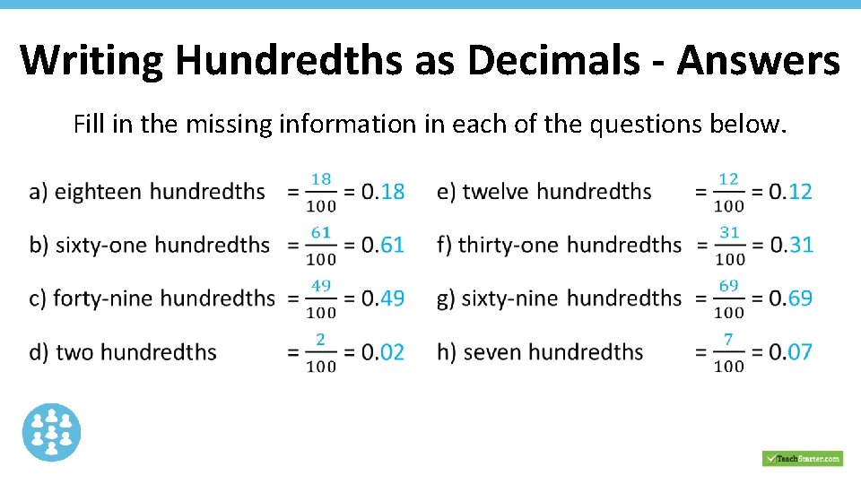 Writing Hundredths as Decimals - Answers Fill in the missing information in each of