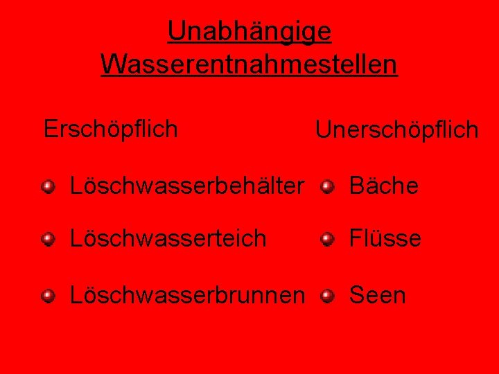 Unabhängige Wasserentnahmestellen Erschöpflich Unerschöpflich Löschwasserbehälter Bäche Löschwasserteich Flüsse Löschwasserbrunnen Seen 