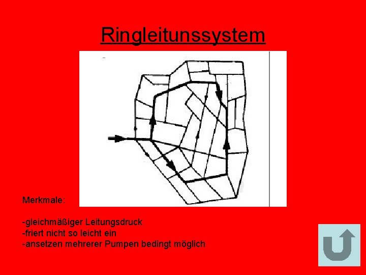 Ringleitunssystem Merkmale: -gleichmäßiger Leitungsdruck -friert nicht so leicht ein -ansetzen mehrerer Pumpen bedingt möglich