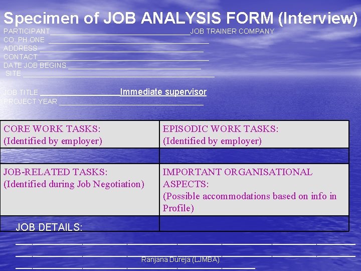 Specimen of JOB ANALYSIS FORM (Interview) PARTICIPANT__________________JOB TRAINER COMPANY CO. PH. ONE _____________________ ADDRESS