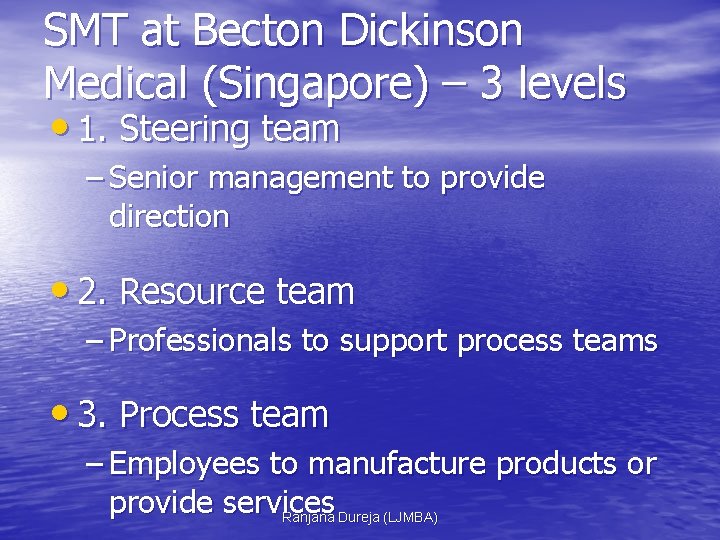 SMT at Becton Dickinson Medical (Singapore) – 3 levels • 1. Steering team –