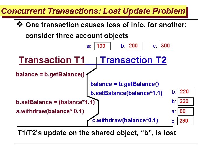 Concurrent Transactions: Lost Update Problem v One transaction causes loss of info. for another: