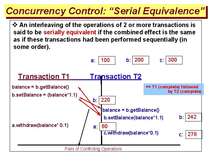 Concurrency Control: “Serial Equivalence” v An interleaving of the operations of 2 or more