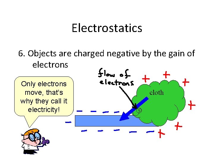 Electrostatics 6. Objects are charged negative by the gain of electrons Only electrons move,