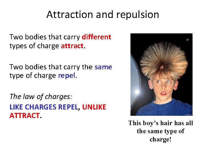 Attraction and repulsion Two bodies that carry different types of charge attract. Two bodies