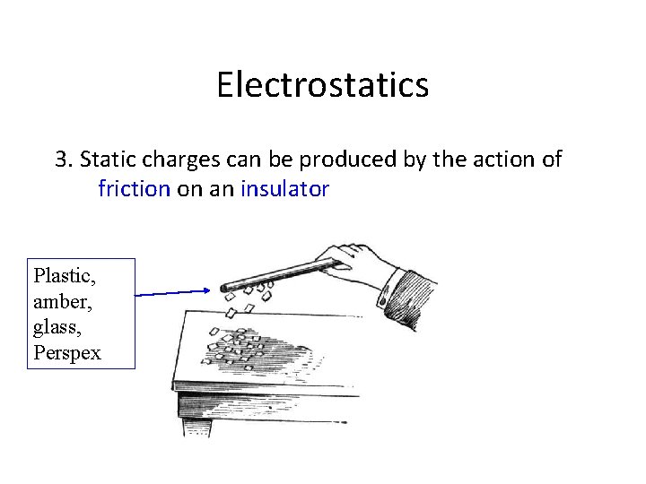 Electrostatics 3. Static charges can be produced by the action of friction on an