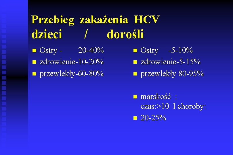 Przebieg zakażenia HCV dzieci n n n / Ostry 20 -40% zdrowienie-10 -20% przewlekły-60