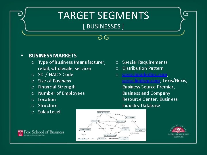 TARGET SEGMENTS [ BUSINESSES ] • BUSINESS MARKETS o Type of business (manufacturer, retail,