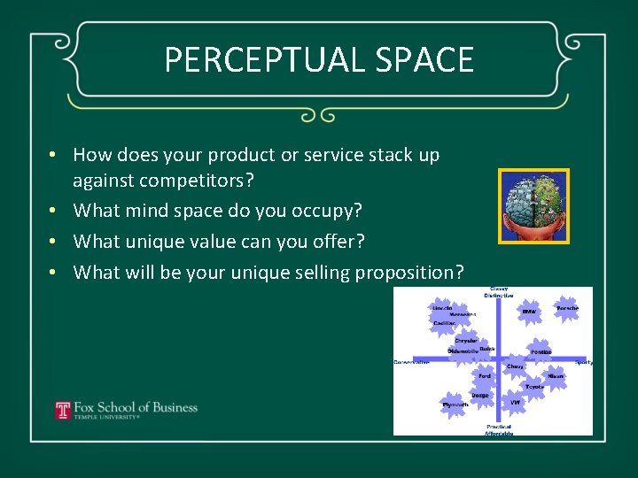 PERCEPTUAL SPACE • How does your product or service stack up against competitors? •