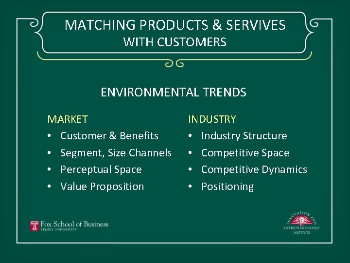 MATCHING PRODUCTS & SERVIVES WITH CUSTOMERS ENVIRONMENTAL TRENDS MARKET • Customer & Benefits •