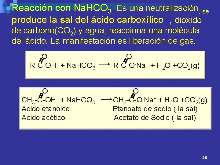 Reacción con Na. HCO 3 Es una neutralización, se produce la sal del ácido