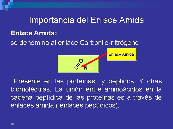 Importancia del Enlace Amida: se denomina al enlace Carbonilo-nitrógeno Enlace Amida O - C