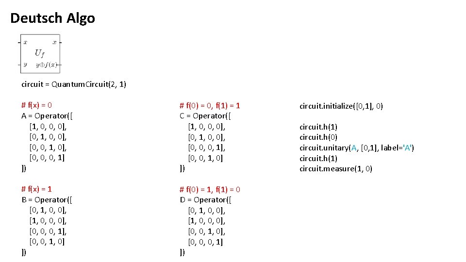 Deutsch Algo circuit = Quantum. Circuit(2, 1) # f(x) = 0 A = Operator([