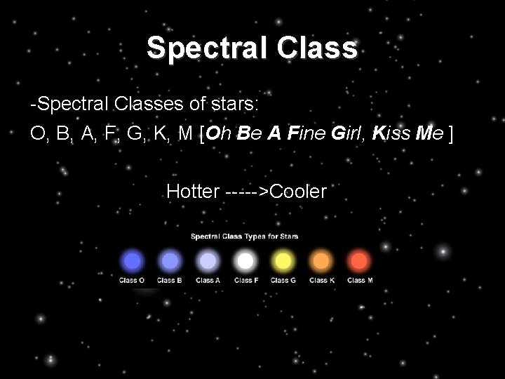 Spectral Class -Spectral Classes of stars: O, B, A, F, G, K, M [Oh