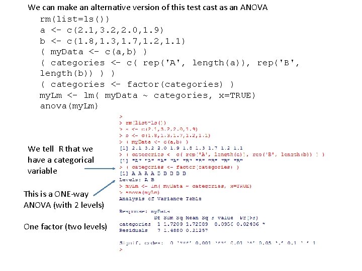 We can make an alternative version of this test cast as an ANOVA rm(list=ls()) We can make an alternative version of this test cast as an ANOVA rm(list=ls())