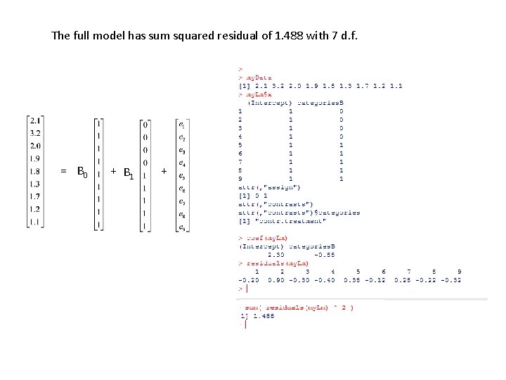 The full model has sum squared residual of 1. 488 with 7 d. f. The full model has sum squared residual of 1. 488 with 7 d. f.