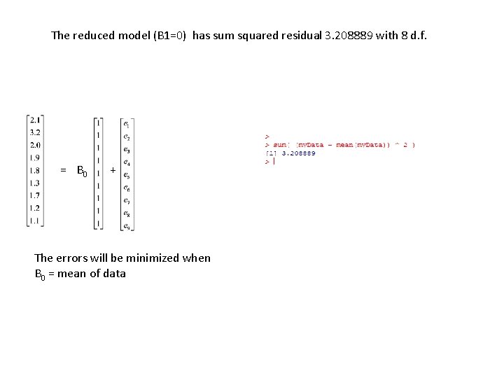 The reduced model (B 1=0) has sum squared residual 3. 208889 with 8 d. The reduced model (B 1=0) has sum squared residual 3. 208889 with 8 d.