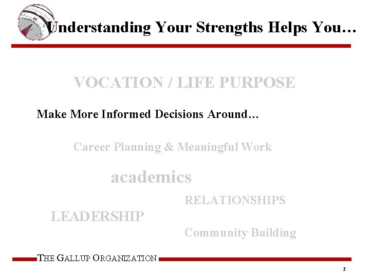 Understanding Your Strengths Helps You… VOCATION / LIFE PURPOSE Make More Informed Decisions Around…