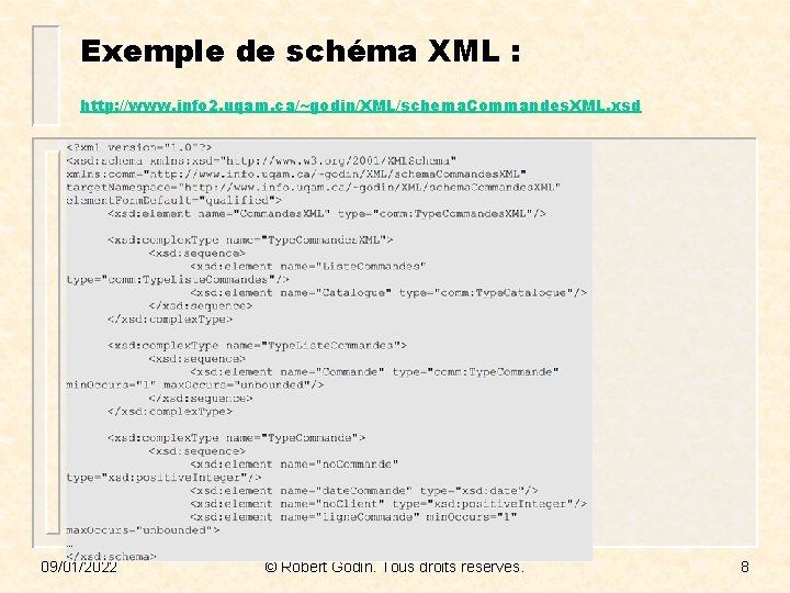 Exemple de schéma XML : http: //www. info 2. uqam. ca/~godin/XML/schema. Commandes. XML. xsd