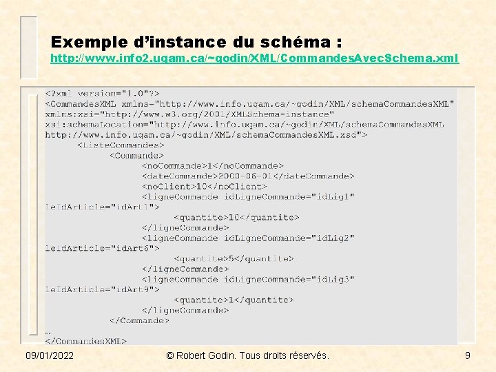 Exemple d’instance du schéma : http: //www. info 2. uqam. ca/~godin/XML/Commandes. Avec. Schema. xml