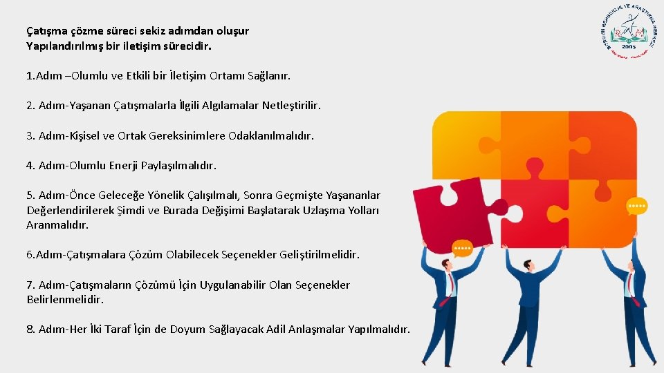 Çatışma çözme süreci sekiz adımdan oluşur Yapılandırılmış bir iletişim sürecidir. 1. Adım –Olumlu ve